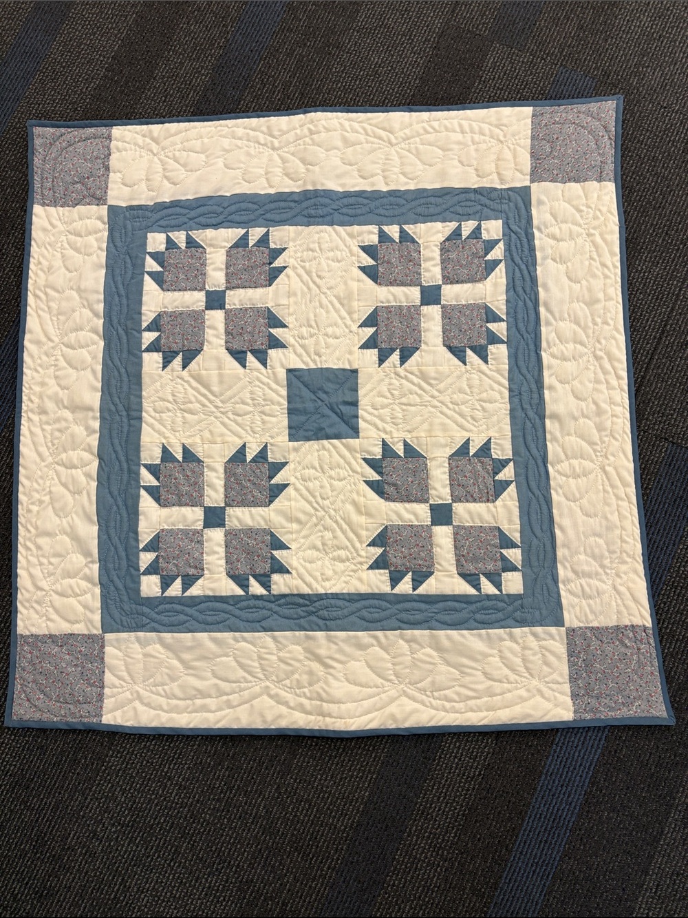 HAND SEWN AMISH QUILT 37” SQUARE - Blue and White